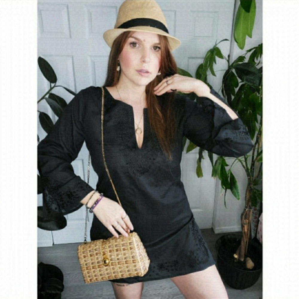 𝅺BOHO Black Embroidery Sun Dress 100% cotton
